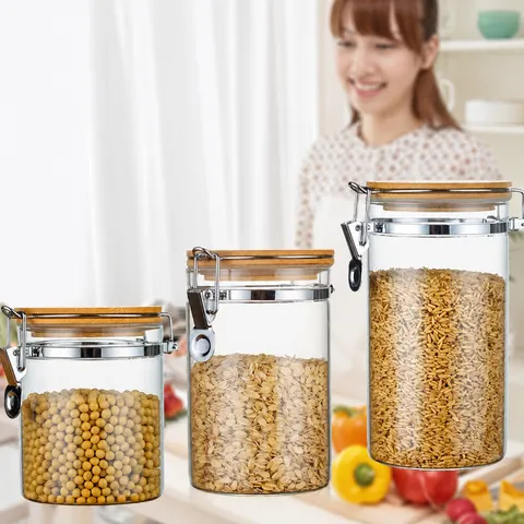 Glass Storage Jar Kitchen Food Container With Bamboo Lid Airtight Metal Buckle For Dried Fruit And Coffee Beans