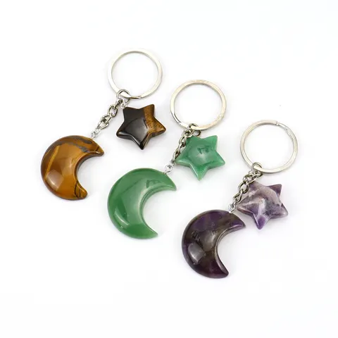 Natural Stone Moon And Star Keychain Metal Pendant Bag Charm Crystal Key Chain Fashion Accessories For Women