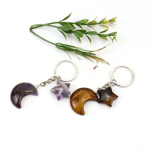 Natural Stone Moon And Star Keychain Metal Pendant Bag Charm Crystal Key Chain Fashion Accessories For Women