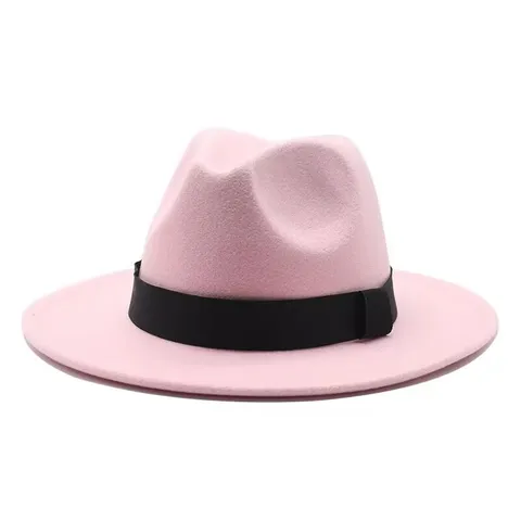 Fedora Hat Woolen Felt Wide Brim Panama Jazz Hat With Black Ribbon For Men Women British Style Solid Color Retro Autumn