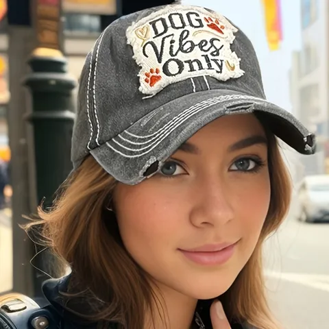 Unisex Vintage Washed Cotton Baseball Cap Distressed Dog Letter Embroidery Dad Hat Adjustable Casual Sun Cap
