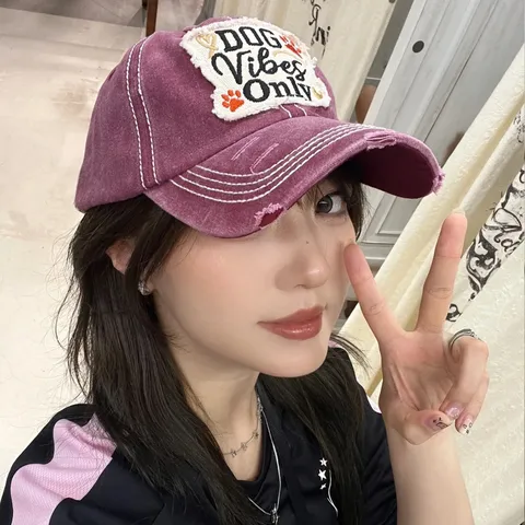 Unisex Vintage Washed Cotton Baseball Cap Distressed Dog Letter Embroidery Dad Hat Adjustable Casual Sun Cap
