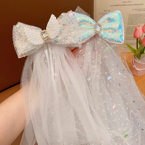 Children Princess Bow Pearl Hair Clip Cute Girls Crown Veil Hairpin Headwear Sweet Party Hair Accessories