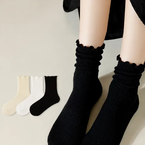 Women's Casual Solid Color Slouch Socks Sweet Ruffle Lettuce Trim Mid-Calf Socks