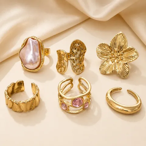 Vintage Gold Plated Alloy Ring Set For Women Baroque Artificial Pearl Rhinestone Geometric Finger Rings Fashion Jewelry