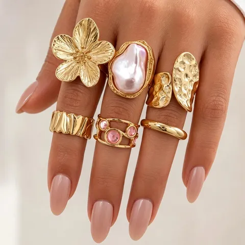 Vintage Gold Plated Alloy Ring Set For Women Baroque Artificial Pearl Rhinestone Geometric Finger Rings Fashion Jewelry