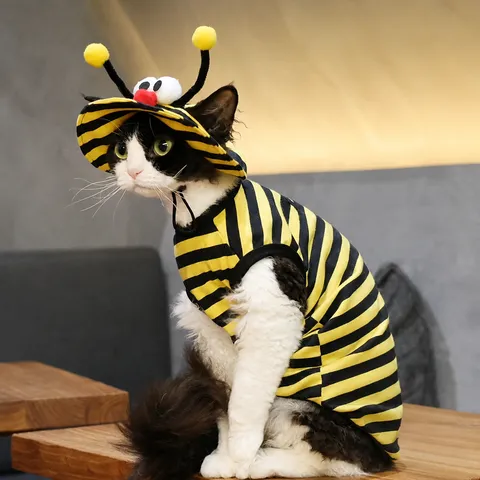 Cute Bee Cat Clothes Striped Hooded Costume Pet Apparel Soft Thin Spring Autumn Outfits For Cats And Kittens