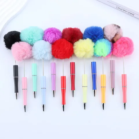 DIY Lindo Fluffy Peluche Bola Bolígrafo Niña Suave Piel Pom Pom Con Cuentas Bolígrafos Plástico Escritura Papelería Regalo