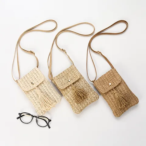 Women Mini Straw Woven Crossbody Bag Seaside Vacation Beach Shoulder Bag Tassel Mobile Phone Bag Casual Daily Handbag