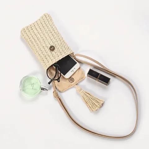 Women Mini Straw Woven Crossbody Bag Seaside Vacation Beach Shoulder Bag Tassel Mobile Phone Bag Casual Daily Handbag