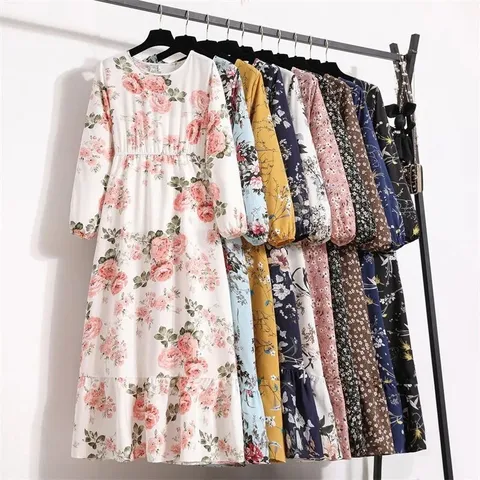 Damen Böhmisch Blumenmuster Langarm Kleid Lässige Lose Taille U-Ausschnitt Maxi Kleid Für Strand Urlaub Mode