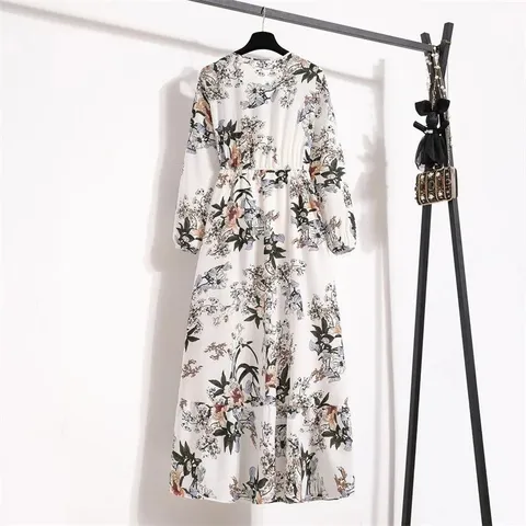 Damen Böhmisch Blumenmuster Langarm Kleid Lässige Lose Taille U-Ausschnitt Maxi Kleid Für Strand Urlaub Mode