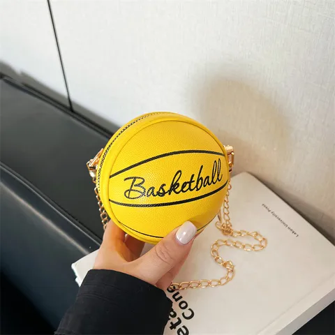 Women Fashion Basketball Shaped PU Leather Crossbody Bag Cute Small Round Chain Shoulder Bag Casual Travel Handbag
