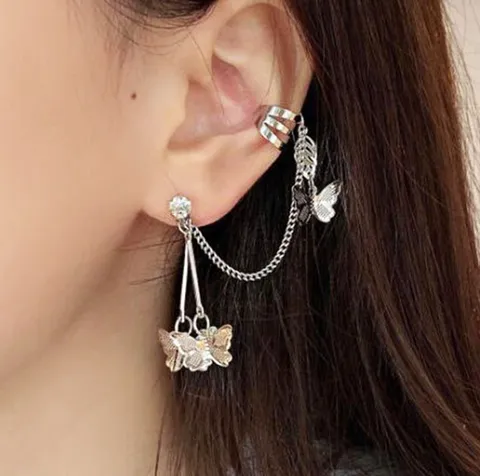 Exquisite Alloy Butterfly Tassel Stud Earrings With Ear Cuff Long Chain Dangling Earrings For Women Fashion Jewelry Gift