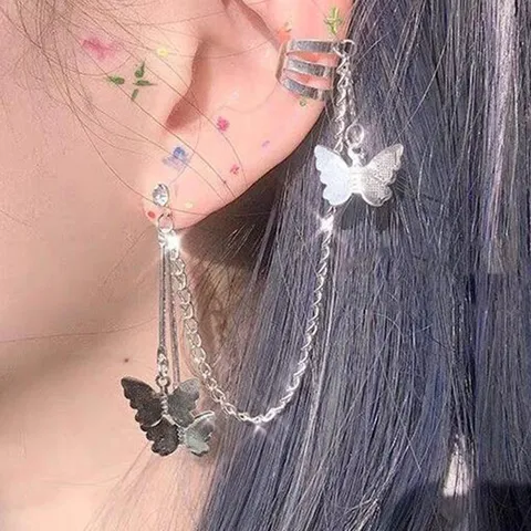 Exquisite Alloy Butterfly Tassel Stud Earrings With Ear Cuff Long Chain Dangling Earrings For Women Fashion Jewelry Gift