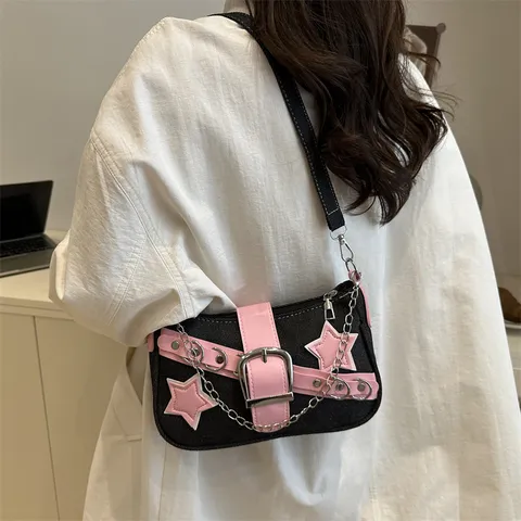 Sac Bandoulière en Denim Mode pour Femme Y2K Décontracté Étoile Patchwork Sac Sous les Aisselles Rivet Chaîne Sac à Main Tendance