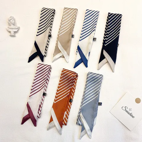 Striped Skinny Scarf French Style Faux Satin Narrow Long Twilly For Hair Bags Neck Elegant Accessory Women