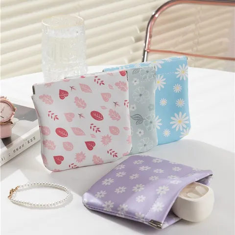 Portable Mini PU Leather Cosmetic Pouch Floral Printed Lipstick Earphone Storage Bag Spring Shrapnel Makeup Bag Women