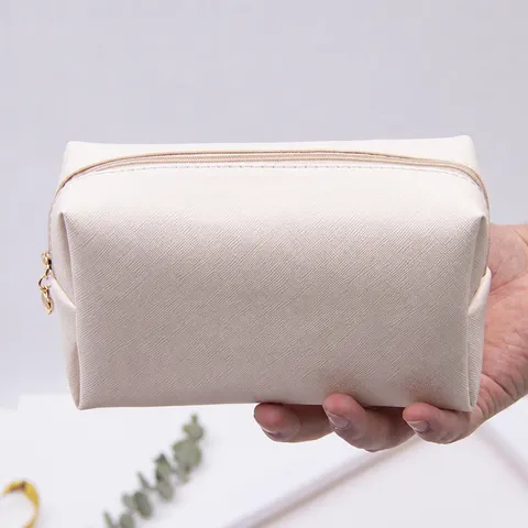 Women Portable Waterproof PU Leather Makeup Bag Travel Toiletry Organizer Handbag Solid Color Zipper Cosmetic Case