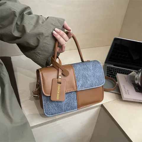 Women Fashion PU Leather Contrast Color Shoulder Bag Casual Small Square Crossbody Bag Retro Top Handle Handbag