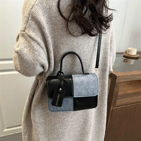 Women Fashion PU Leather Contrast Color Shoulder Bag Casual Small Square Crossbody Bag Retro Top Handle Handbag