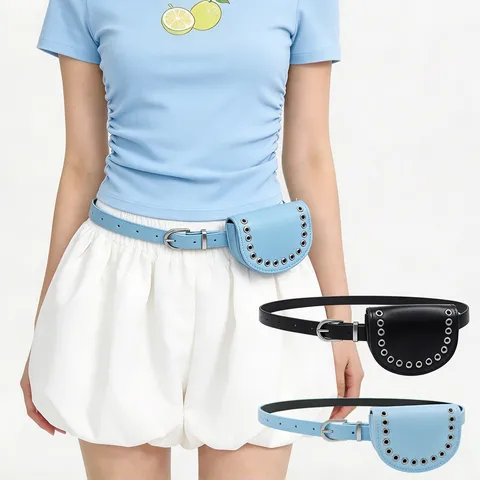 Women Fashion PU Leather Belt With Mini Pouch Hanging Korean Style Decorative Waist Belt Pin Buckle Versatile Accessory For Dress
