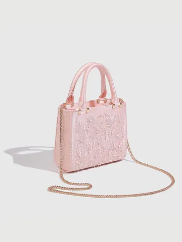 Retro Elegant Floral Embroidered Pearl Evening Handbag Women Fashion Satin Top Handle Crossbody Shoulder Bag