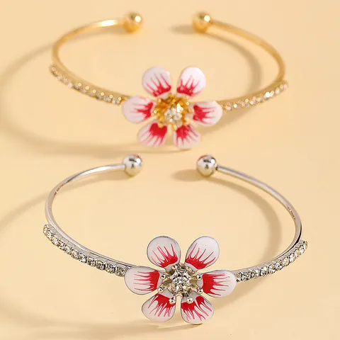 Elegant Flower Open Bangle Bracelet For Women Iron Rhinestone Enamel Adjustable Cuff Bracelet Gentle Floral Jewelry Gift