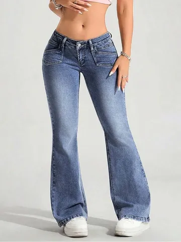 Women's High Stretch Low Waist Flare Jeans Washed Denim Flare Leg Pants Cotton Spandex Slim Fit Casual Streetwear Trousers