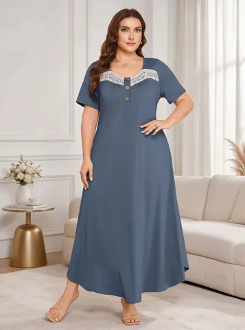 Übergröße Sommer Damen Viereckiger Ausschnitt Kurzarm Spitzen-Spleißen Lose Lässig A-Linie Langes Kleid Polyester