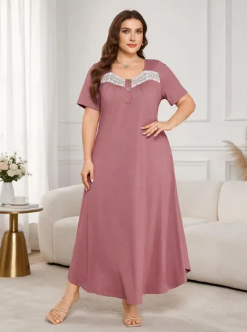 Übergröße Sommer Damen Viereckiger Ausschnitt Kurzarm Spitzen-Spleißen Lose Lässig A-Linie Langes Kleid Polyester
