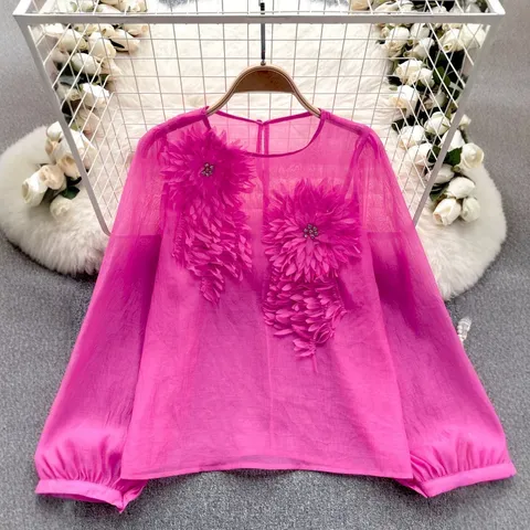 Women Elegant 3D Flower Applique Chiffon Top Lantern Sleeve Sheer Blouse Loose Pullover Rhinestone Embellished Shirt
