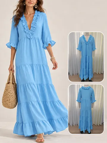 Women Bohemian V-Neck Tiered Ruffle Maxi Dress Casual Flowy Layered Long Woven Dress For Vacation