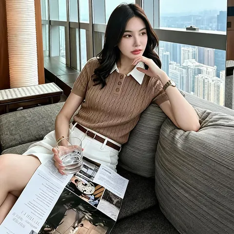 Retro Cable Knit Polo Shirt Women Summer Short Sleeve Fake Two Piece Contrast Collar Slim Top With White A-Line Skirt Set