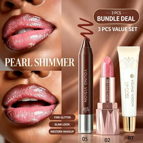 Young Vision 3 Piece Makeup Set Pearlescent Shimmer Lipstick And Lip Gloss Long Lasting Moisturizing Lip Makeup Kit