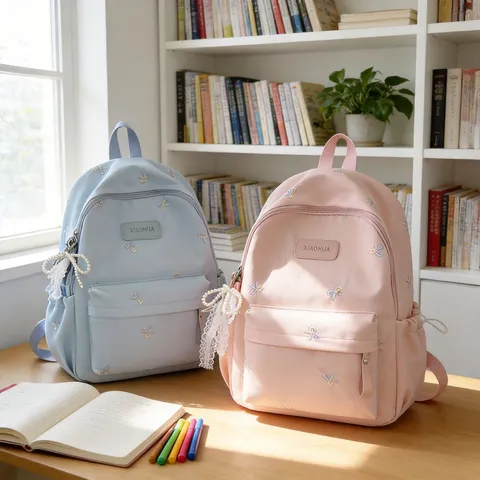 Mädchen Schulrucksack Große Kapazität Büchertasche Mit Schleifenstickerei Und Perlenanhänger Süßer Lässiger Tagesrucksack Für Schüler