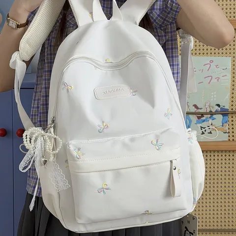Mädchen Schulrucksack Große Kapazität Büchertasche Mit Schleifenstickerei Und Perlenanhänger Süßer Lässiger Tagesrucksack Für Schüler