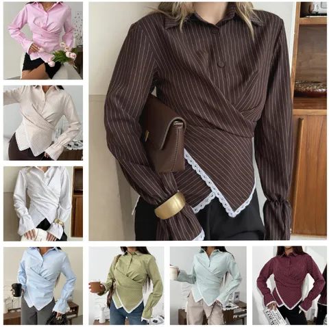 Women Casual Striped Long Sleeve Blouse Fashion Cross Waist Turn Down Collar Lace Trim Shirt Female Elegant Tops