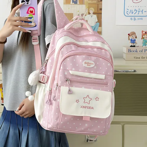 Niedlicher Stern Pünktchen Druck Nylon Schulrucksack Für Frauen Mädchen Große Kapazität Freizeit Büchertasche Tägliche Reise