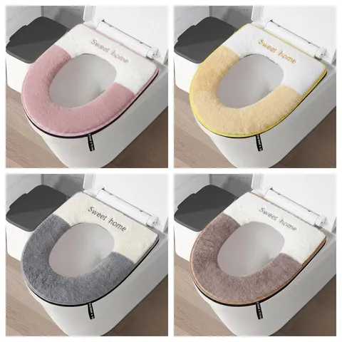 Simple Artificial Rabbit Fur Patchwork Zipper Toilet Seat Cover Embroidered Waterproof Plush Toilet Seat Mat For Autumn Winter