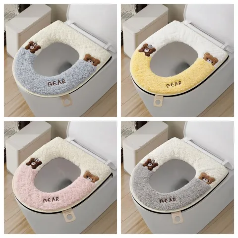 Funda de Asiento de Inodoro Universal Con Cremallera Felpa Gruesa Invierno Cálido Lavable Alfombra Suave Con Mango Patrón de Dibujos Animados Accesorios de Baño