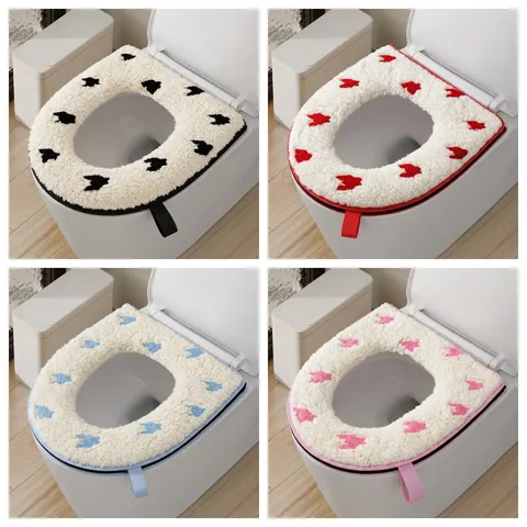Funda de Asiento de Inodoro Universal Con Cremallera Felpa Gruesa Invierno Cálido Lavable Alfombra Suave Con Mango Patrón de Dibujos Animados Accesorios de Baño