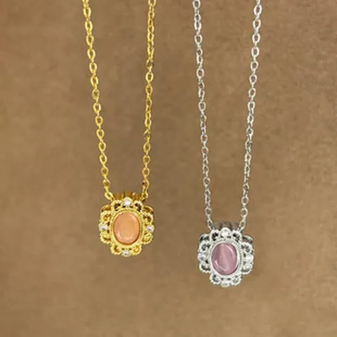 Französischer Stil Katzenauge Stein Spitze Floral Anhänger Halskette Edelstahl Zirkon Gold Silber Choker Schmuck Geschenk