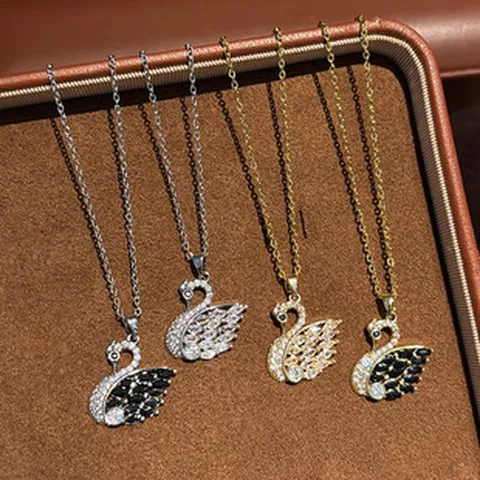 Titanstahl Schwan Anhänger Halskette Strass Zirkon Luxus Mode Elegantes Charm Schmuck Geschenk Für Damen