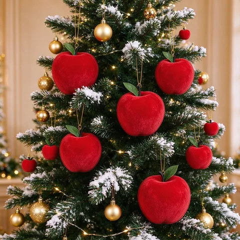 Manzana de Simulación Flocada Roja Adornos Colgantes para Árbol de Navidad Manzanas Artificiales Mini para Fiesta Festiva Decoración Hogar