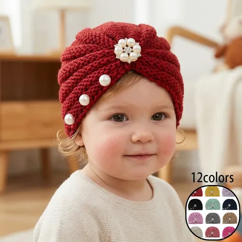 Bonnet Turban Tricoté pour Bébé Fille Avec Fleur en Perles Artificielles Strass Doux Chaud Beanie Indien Accessoire Tête