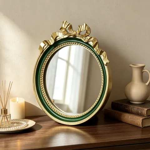 French Vintage Round Desktop Decorative Mirror With Bowknot Relief Resin Gold Pink White Tabletop Vanity Mirror Home Decor Ornament