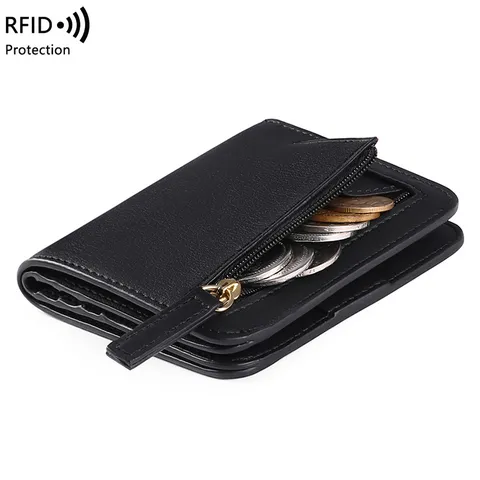 Women Short Bifold Wallet PU Leather RFID Blocking Multi Card Slots ID Window Zipper Coin Purse Small Slim