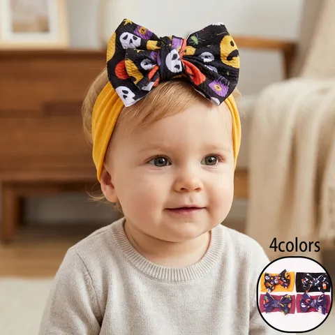 Baby Halloween Headband Large Bow Nylon Hairband With Pumpkin Skull Print For Newborn Toddler Festival Hair Accessories