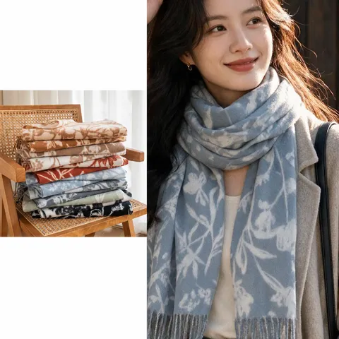 Écharpe en Polyester Imprimé Paisley Floral Femme Hiver Chaud Imitation Cachemire Doux Châle à Glands Accessoire de Cou pour Couple